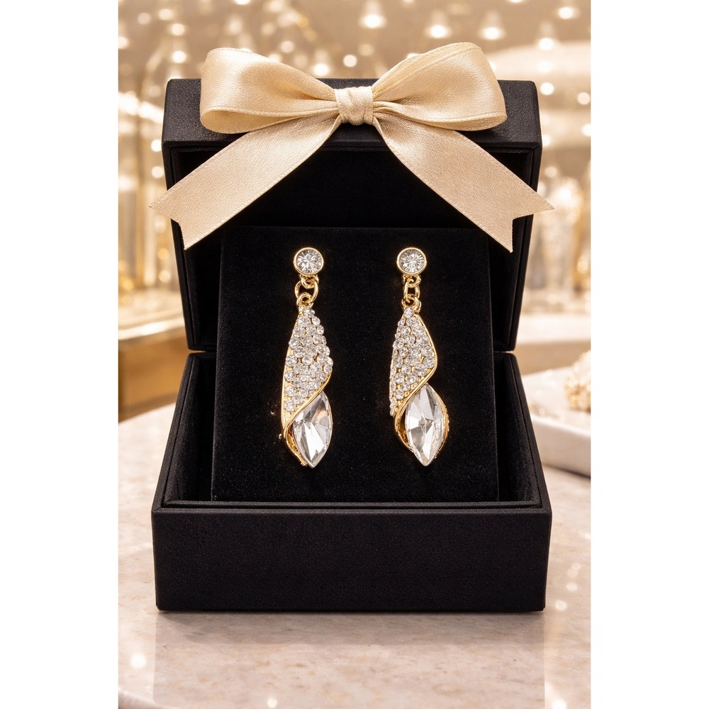 Gold Tone Crystal Pave Marquise Drop Earrings Wedding Formal Evening Dangle‎